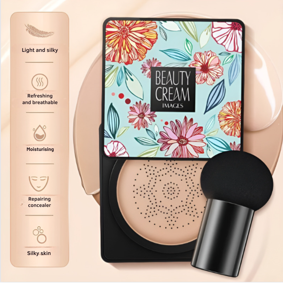 CC crème cushion met een sponsapplicator in de vorm van een paddenstoel 